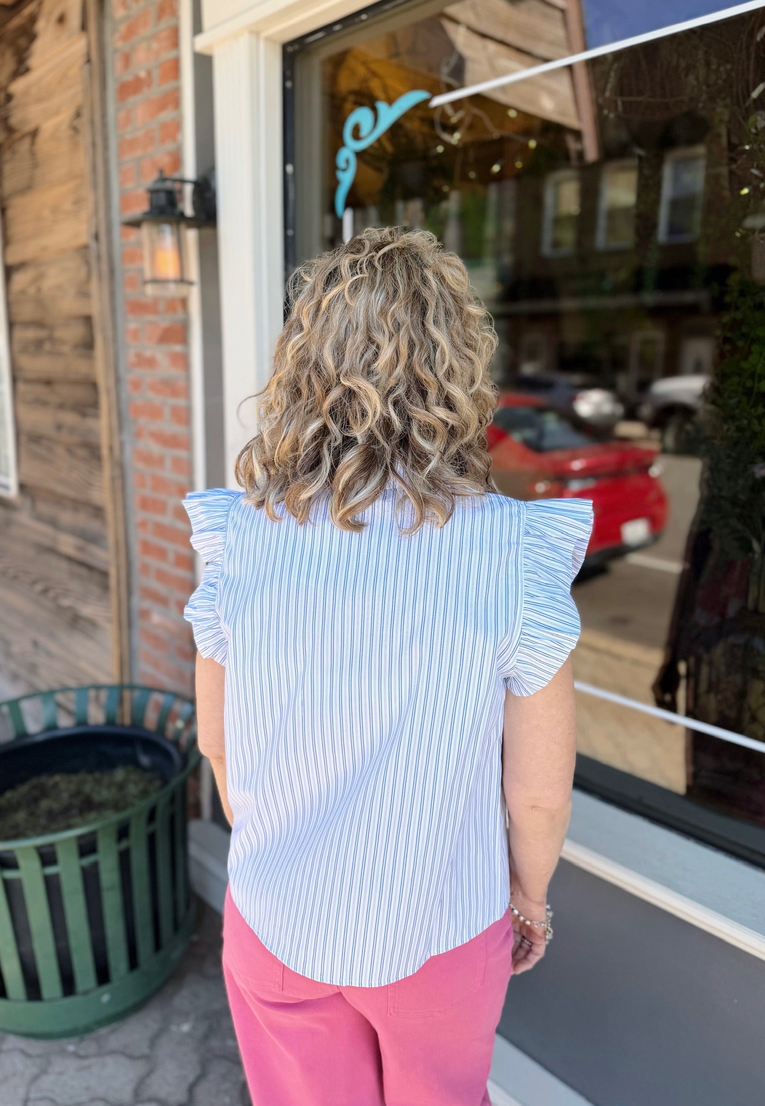 Ruffle Stripe Pearl Button Down Top