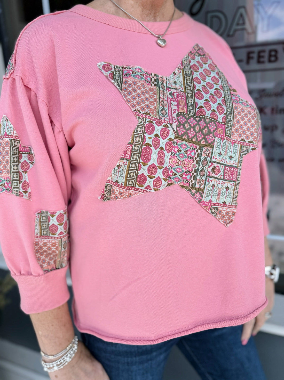 Drop Shoulder Patchwork Star in Mauve
