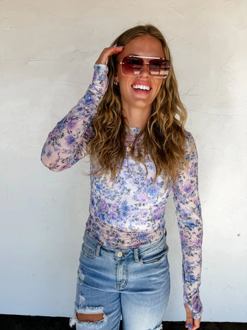 Curvy Lavender Floral Mesh Top