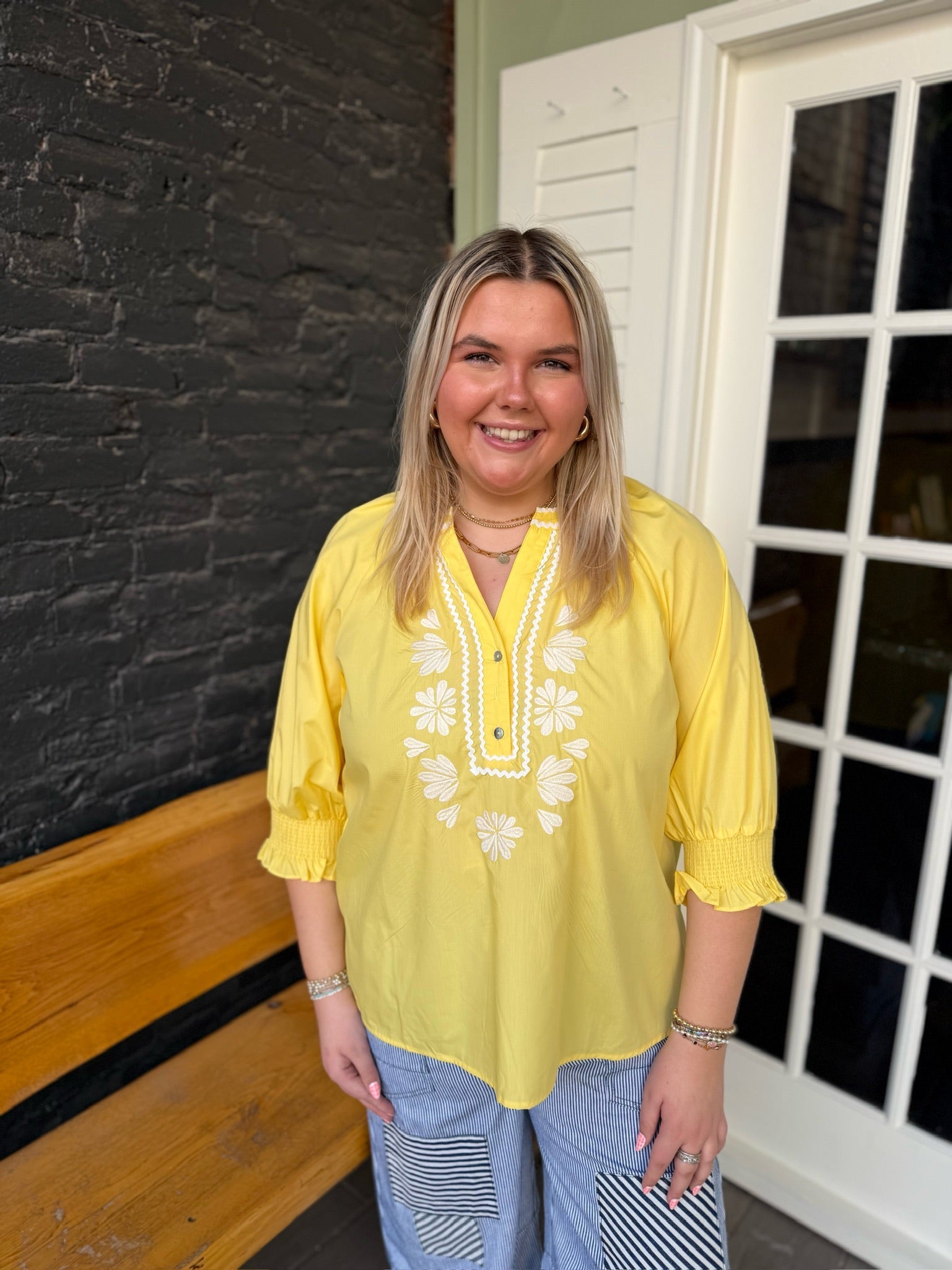 Curvy Yellow Embroidered 3/4 Sleeve Top