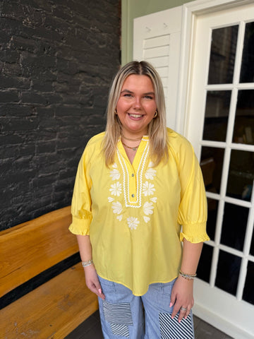 Curvy Yellow Embroidered 3/4 Sleeve Top