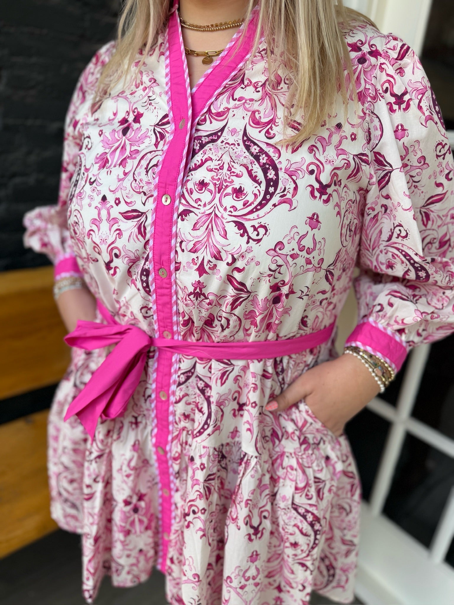 Curvy Pink Paisley Front Button Long Sleeve Dress