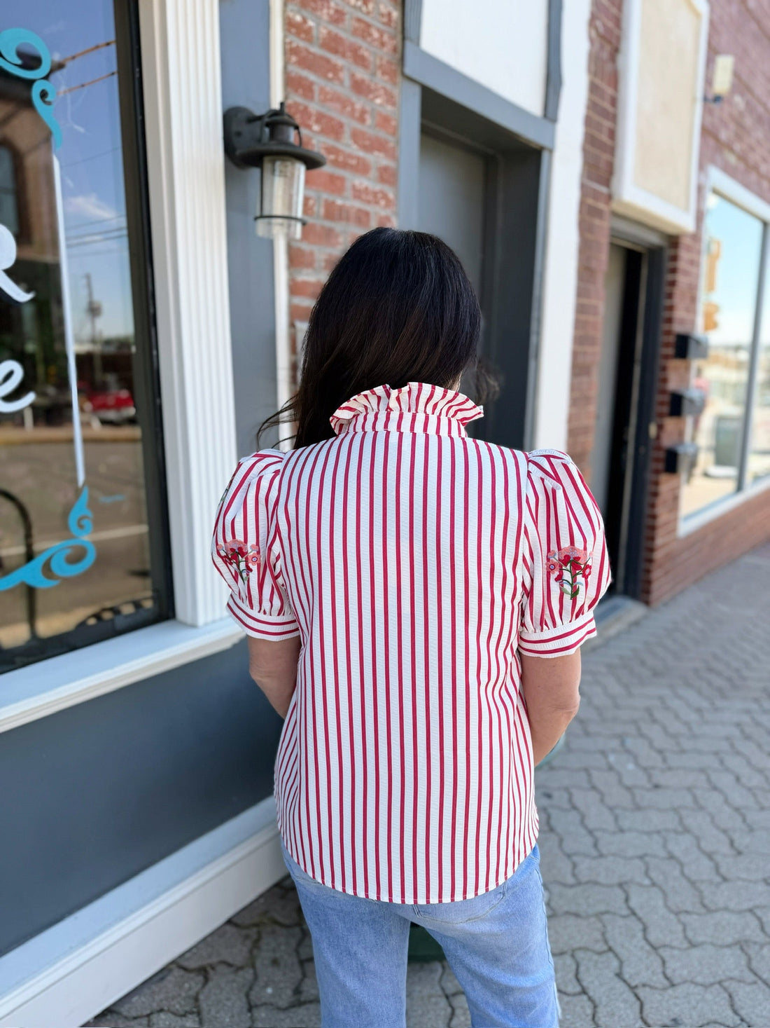 Red Striped Button Down Embroidered Top