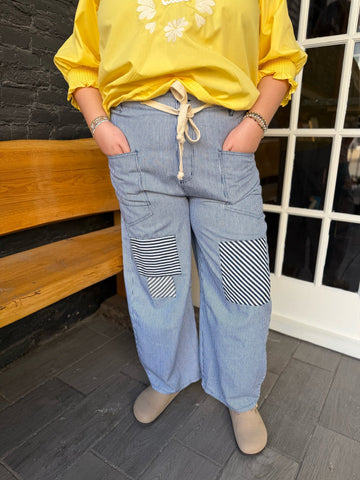 Curvy Washed Denim Relaxed Drawstring Pants