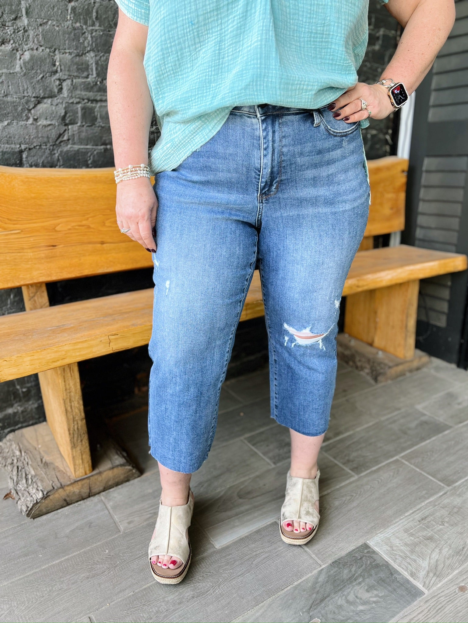 Curvy Harmony Distressed Wide Leg Denim