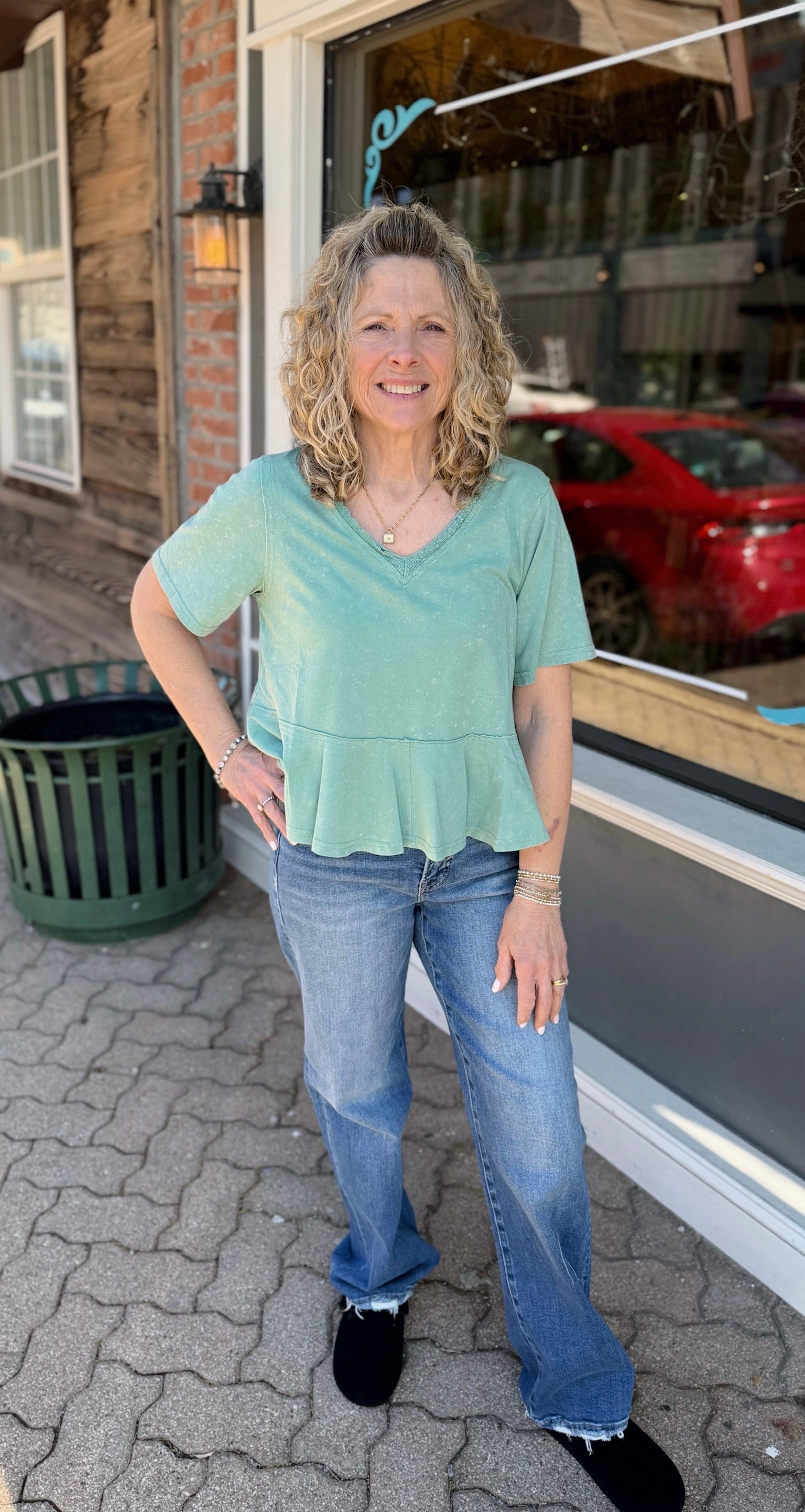 Sage Mineral Wash Lace V Neck Peplum Top