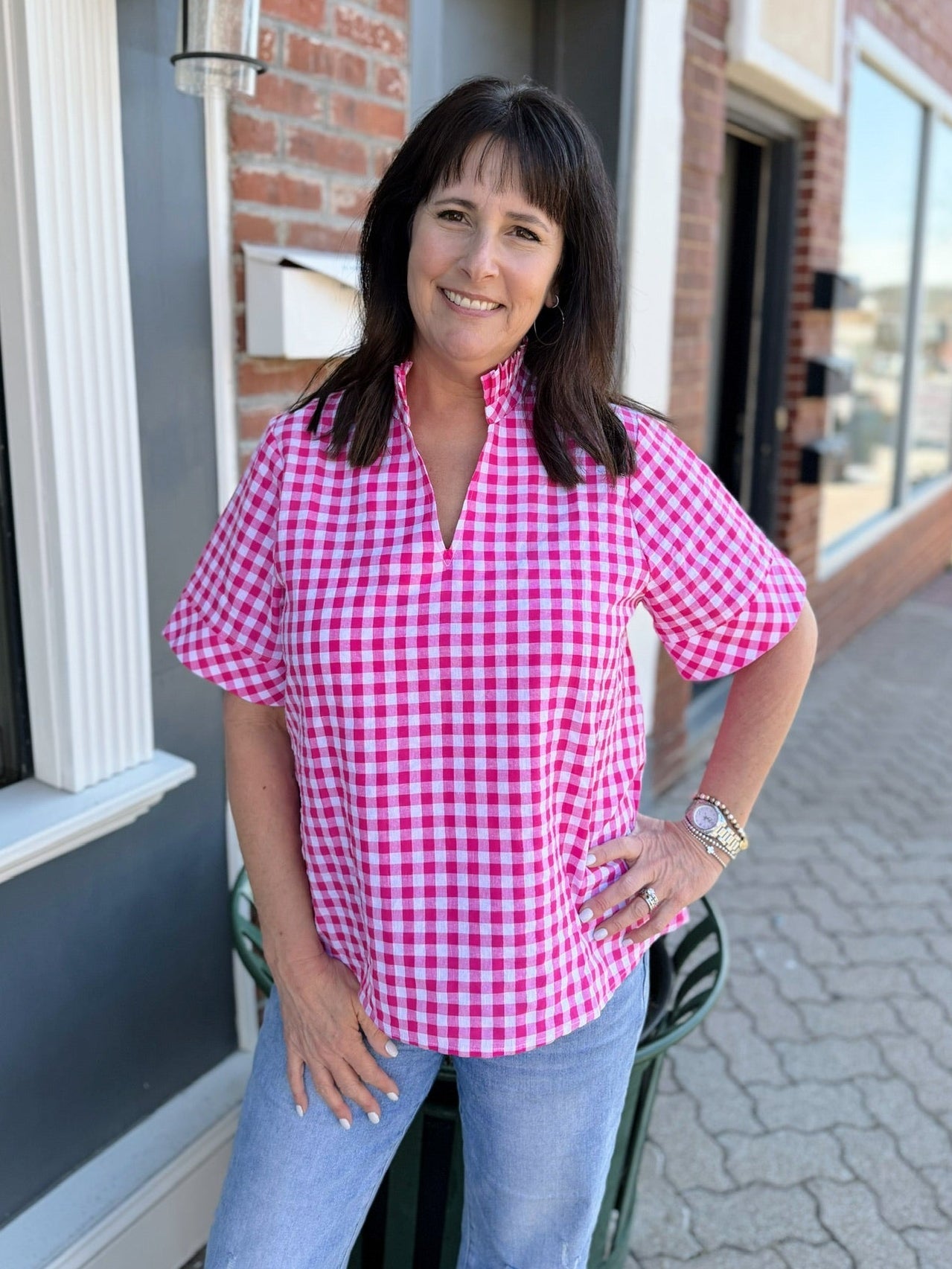 Pink Gingham V-Neck Top