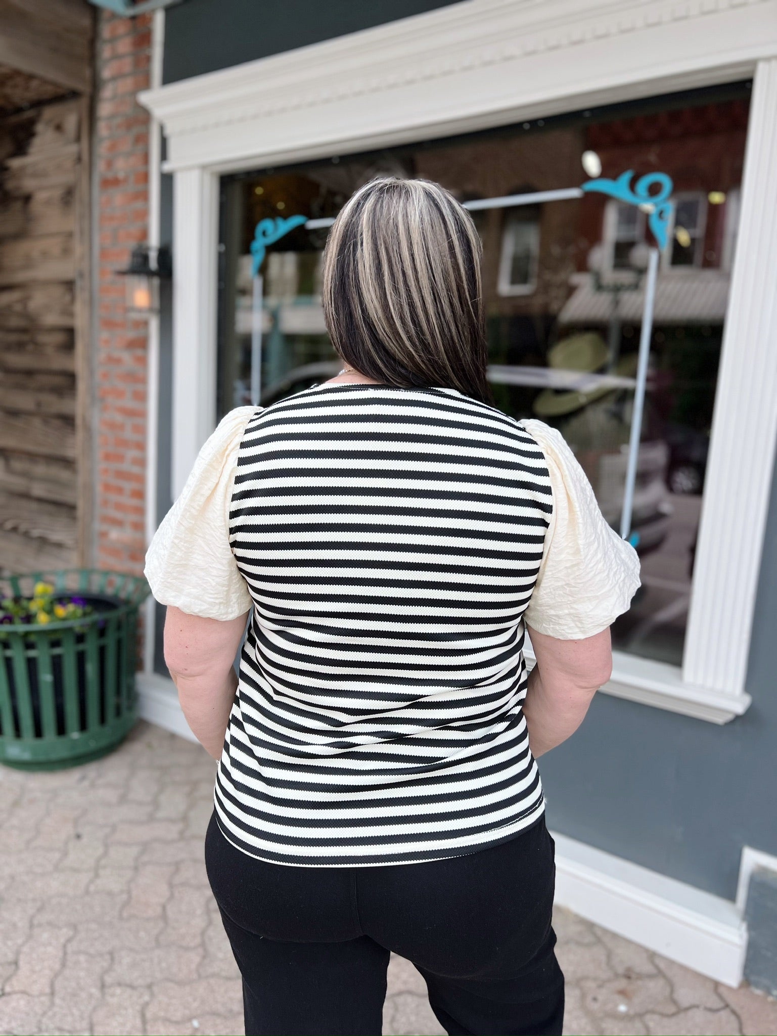 Curvy Black and White Stripe Puff Sleeve Top