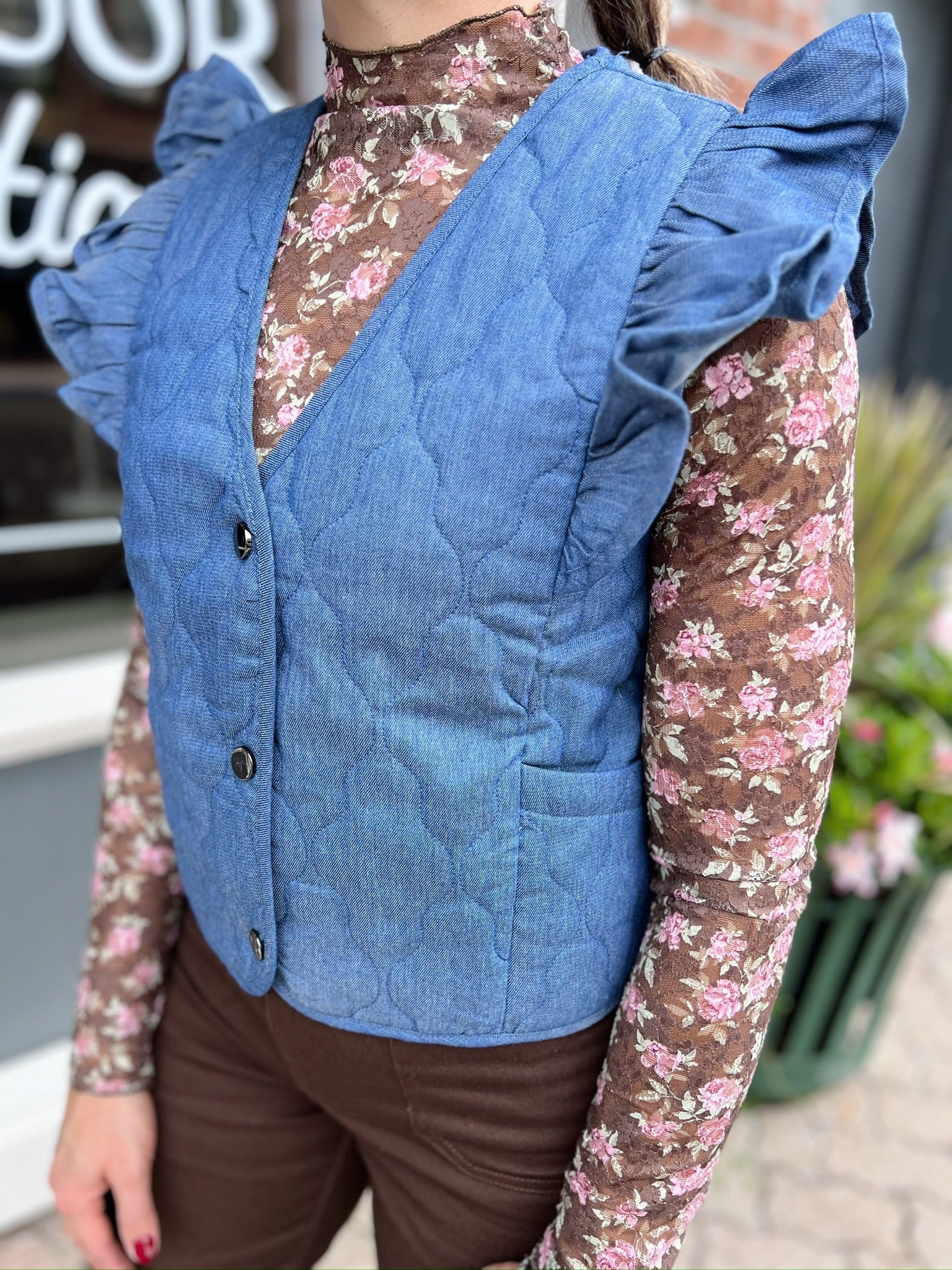 Denim Quilted Vest With Shoulder Ruffles