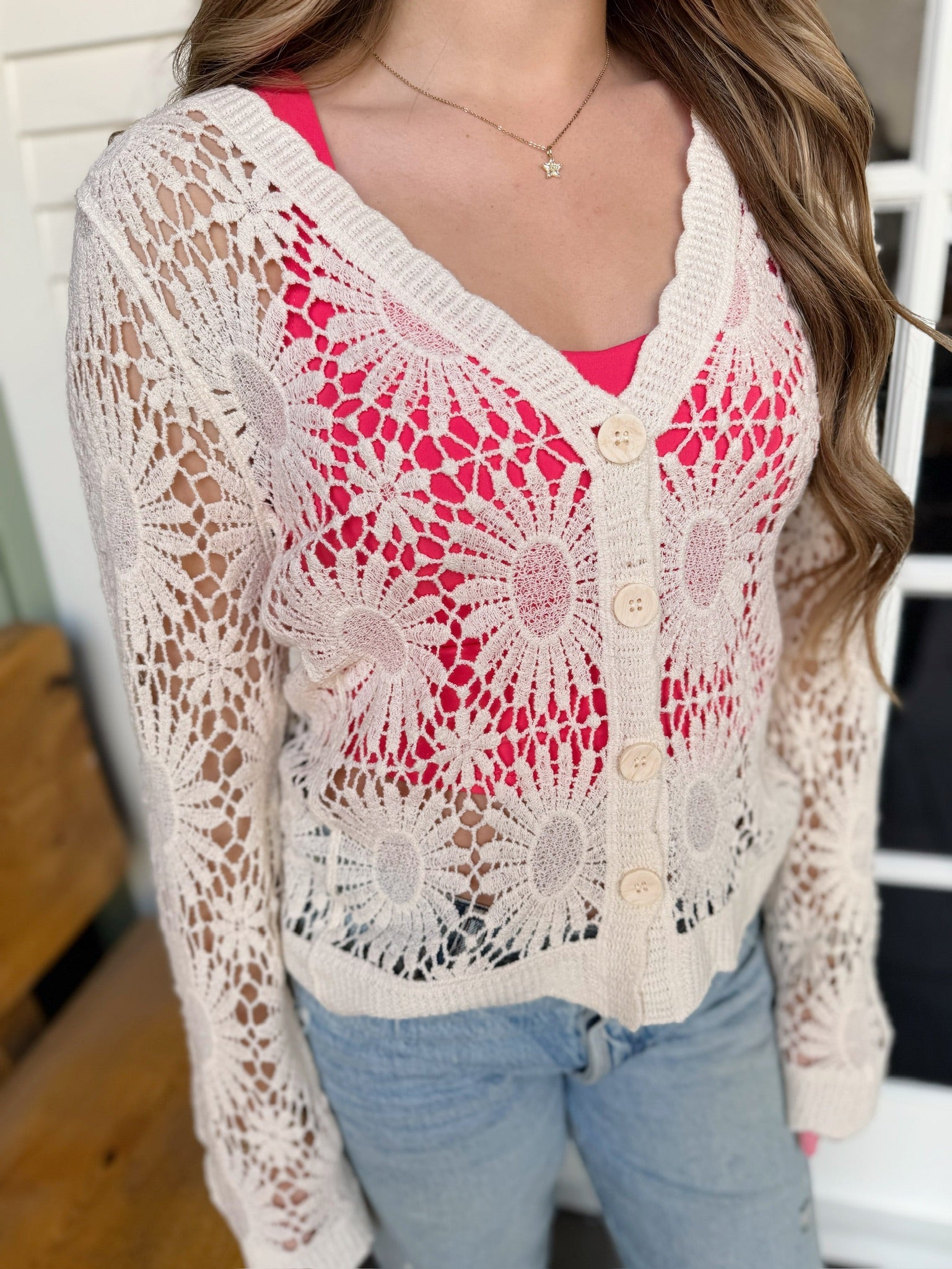 Ivory Floral Crochet Button Front Cardigan