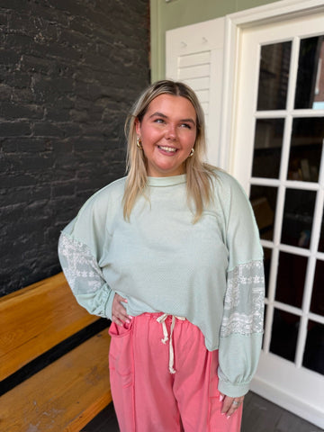 Curvy Light Sage Boho Bubble Sleeve Top