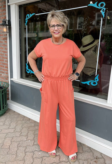 Apricot Short Kimono Sleeve Jumpsuit with Pockets