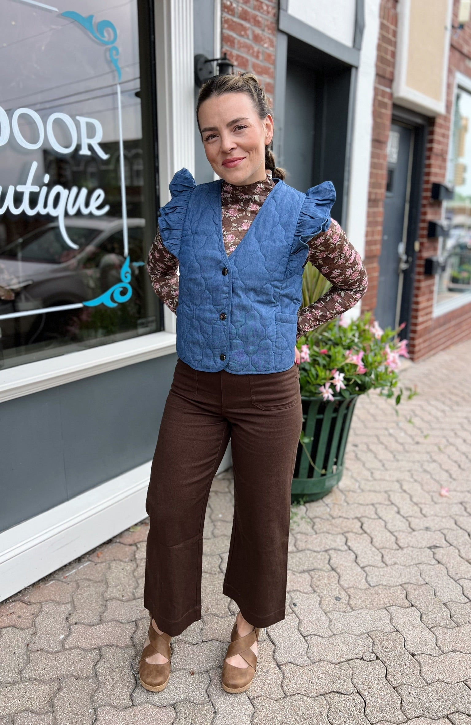 Denim Quilted Vest With Shoulder Ruffles