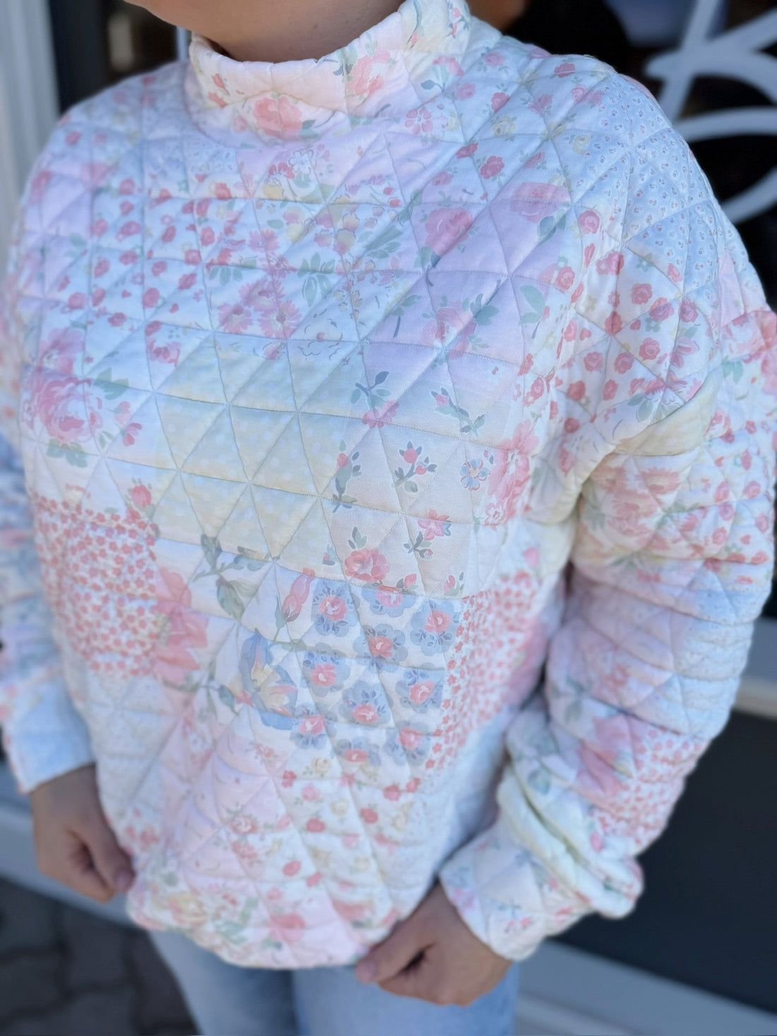 Pastel Quilted Floral Mock Neck Sweatshirt