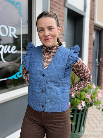 Denim Quilted Vest With Shoulder Ruffles