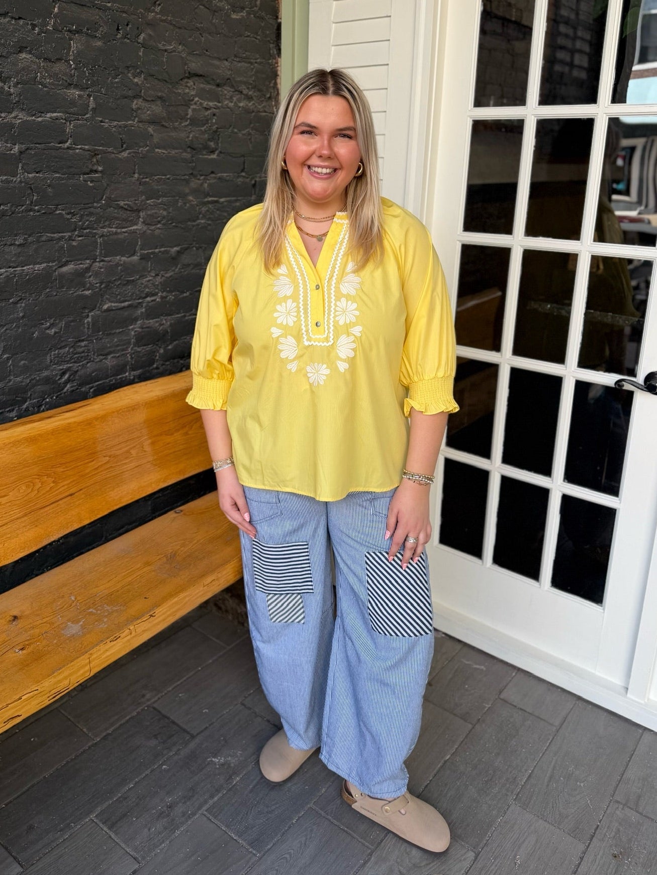 Curvy Yellow Embroidered 3/4 Sleeve Top