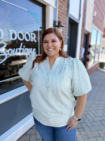 Curvy Sage Striped Bubble Sleeve Top