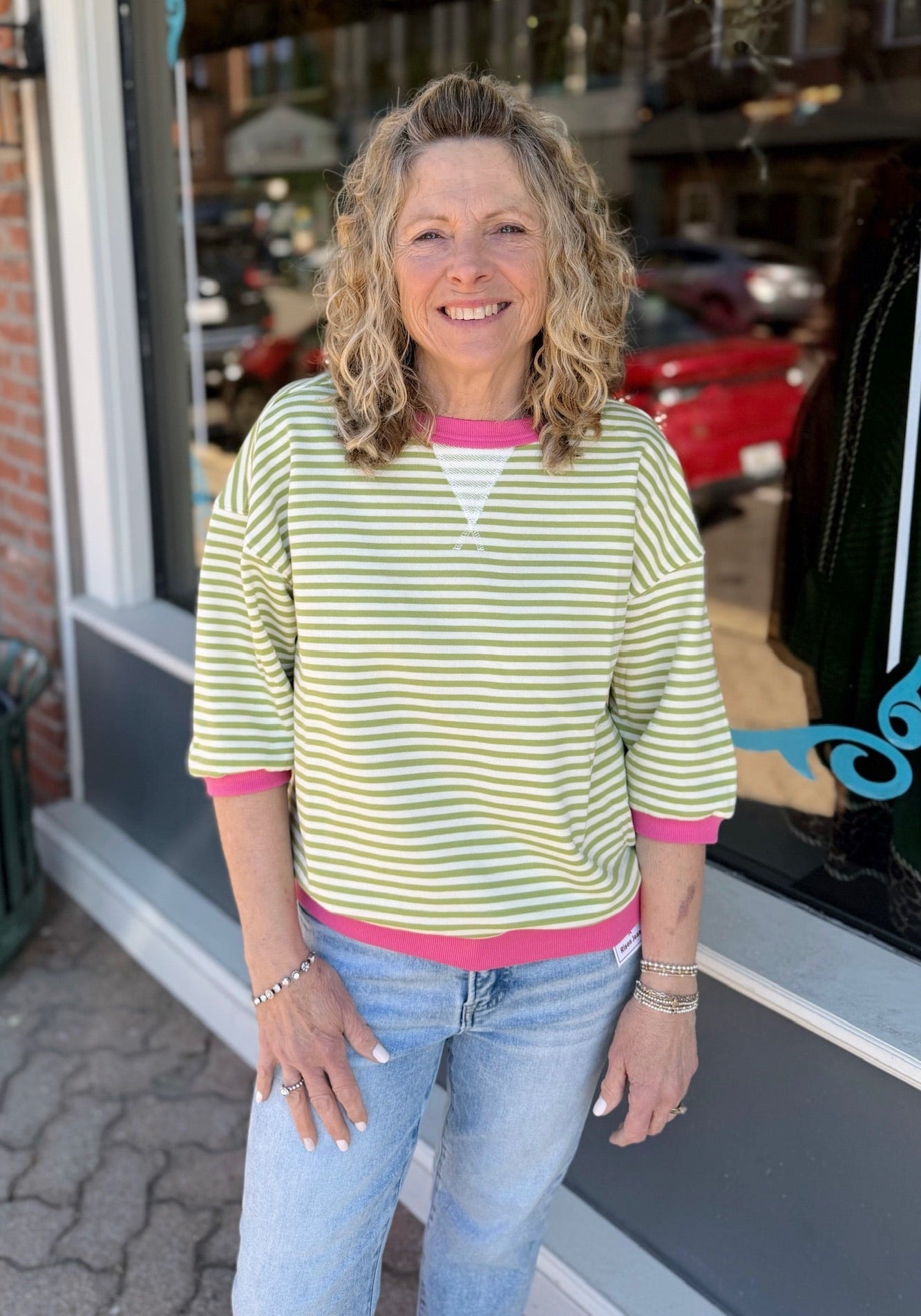 Green Striped Contrast Banded Elbow Sleeve Jersey Top