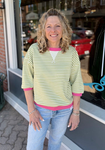 Green Striped Contrast Banded Elbow Sleeve Jersey Top