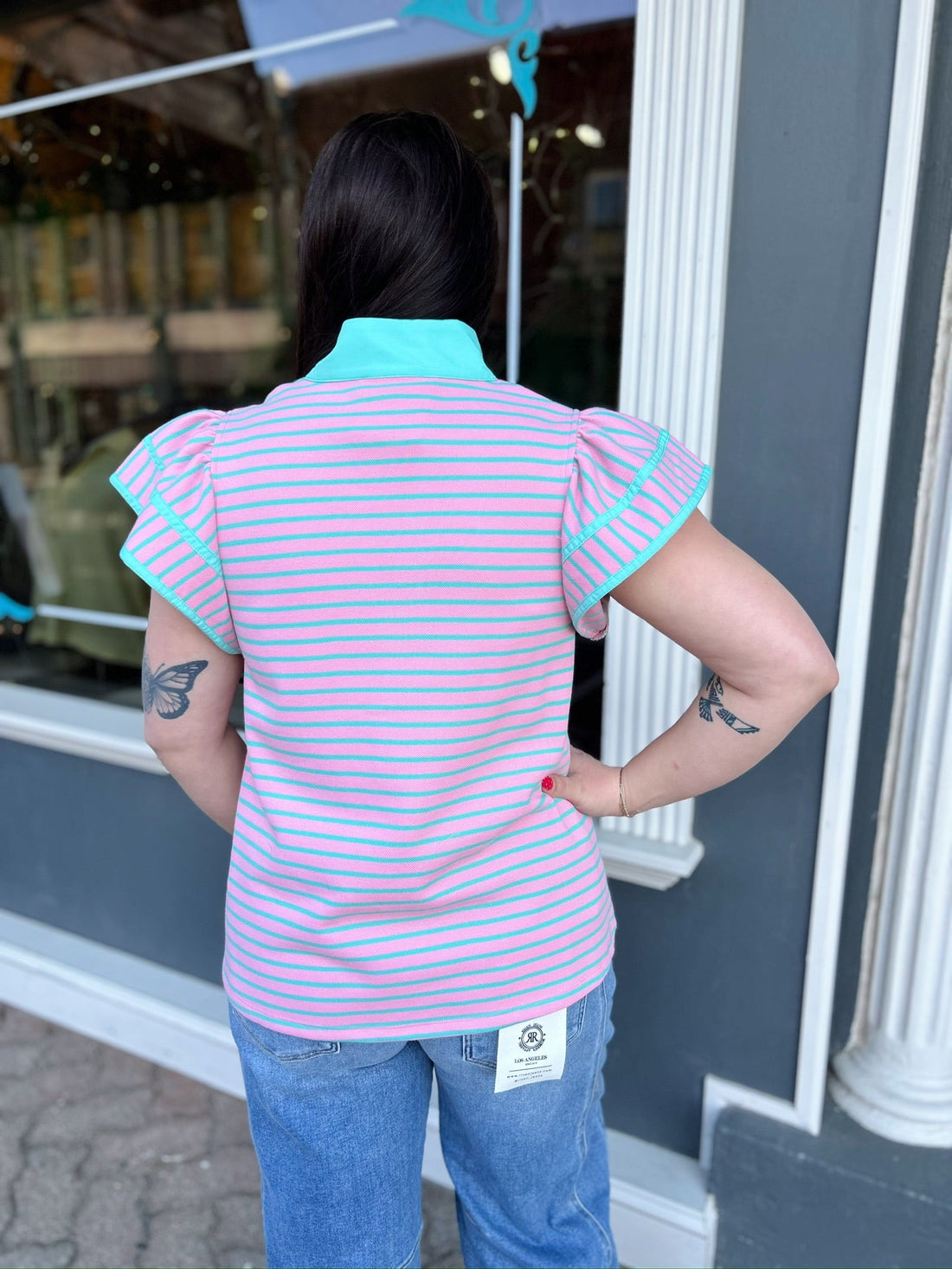 Pink Striped Flutter Sleever Contrast V- Neck Top