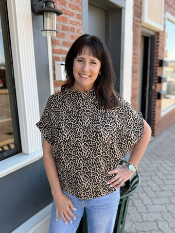 Leopard Print Mock Neck Dolman Sleeve Top