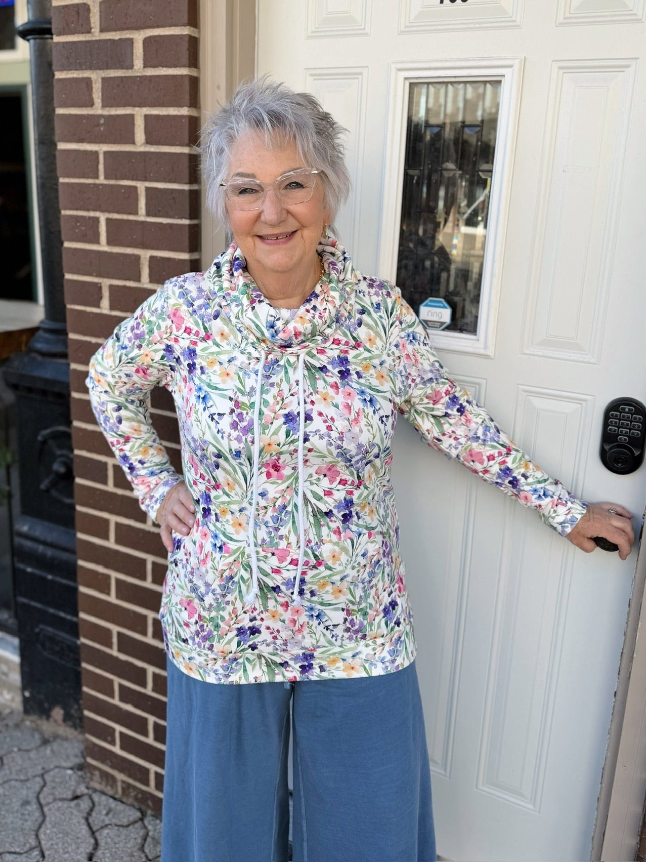 Floral Drawstring Funnel Neck Top