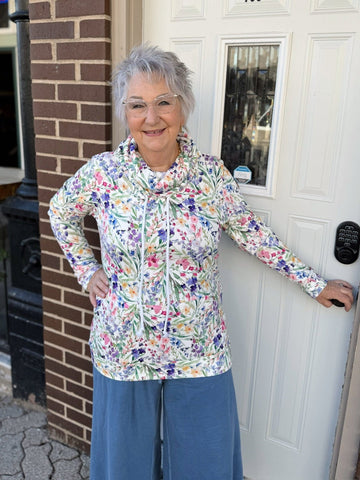 Floral Drawstring Funnel Neck Top