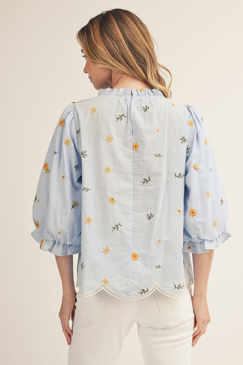 White Scalloped Hem Floral Embroidered Top