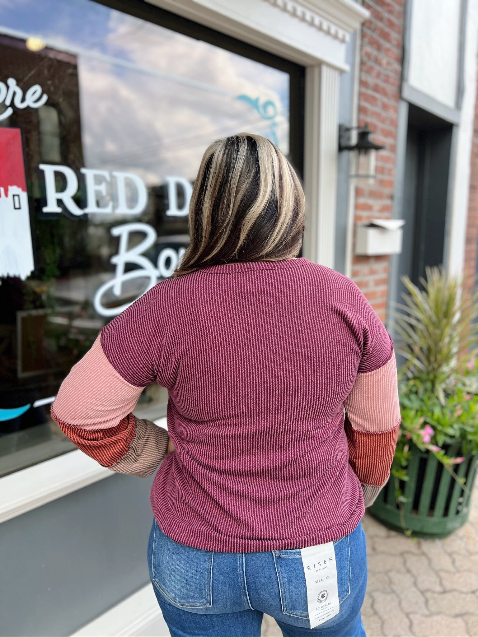 Curvy Burgundy Colorblock Long Sleeve Top