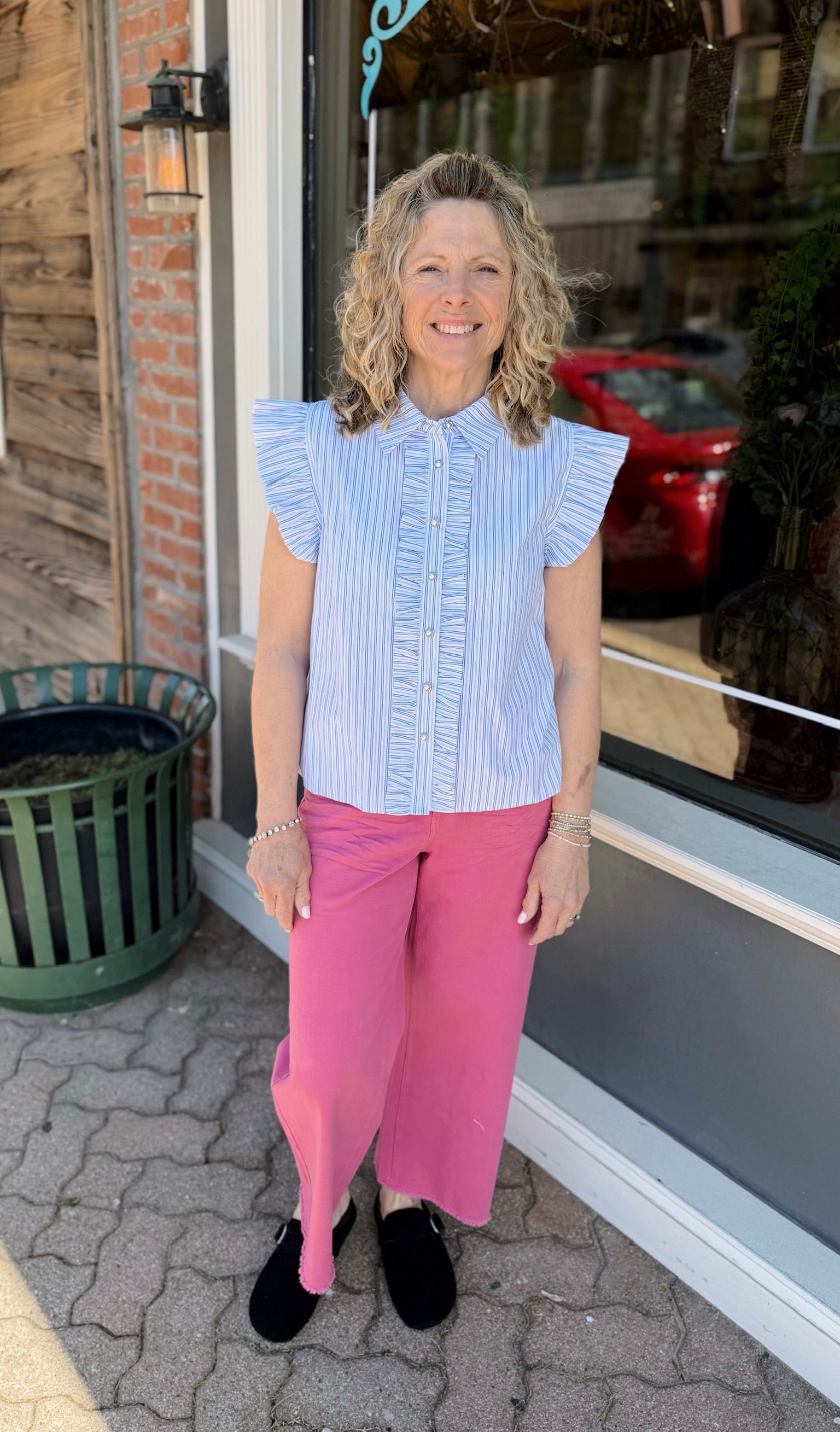 Ruffle Stripe Pearl Button Down Top