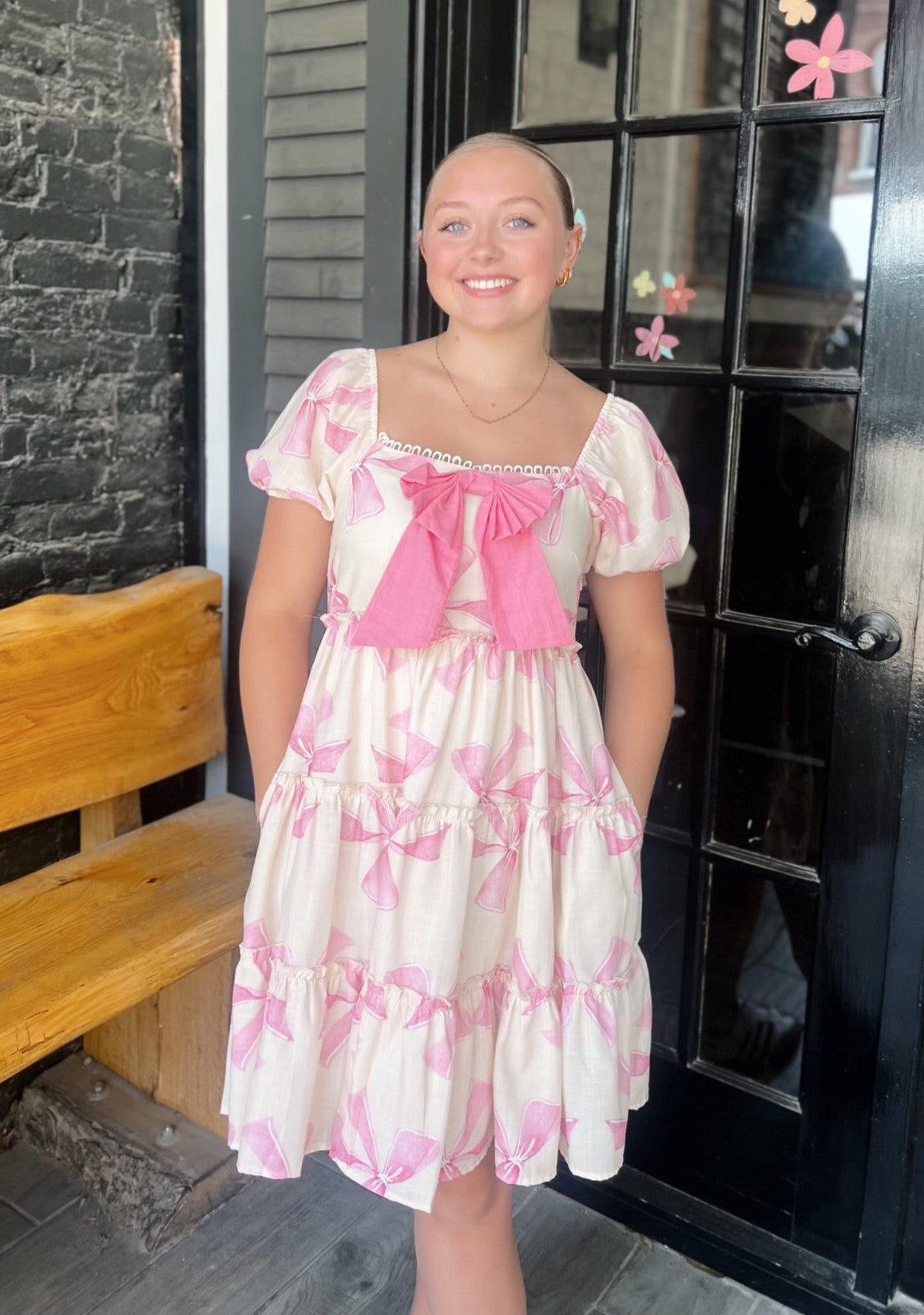 Cream With Pink Bow & Bow Pattern Dress