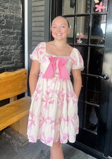 Cream With Pink Bow & Bow Pattern Dress