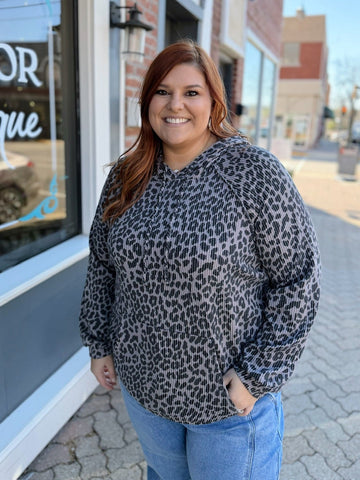 Curvy Gray Leopard Print Ribbed Hoodie