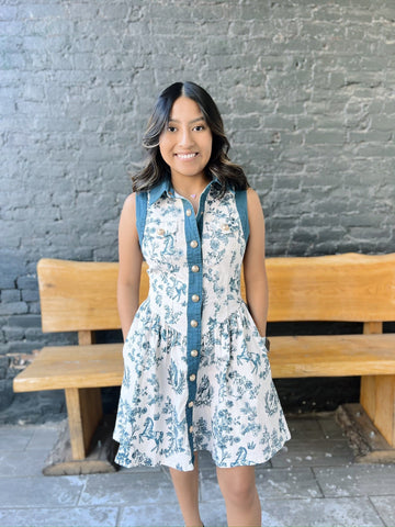 Navy Toile Button Down Dress