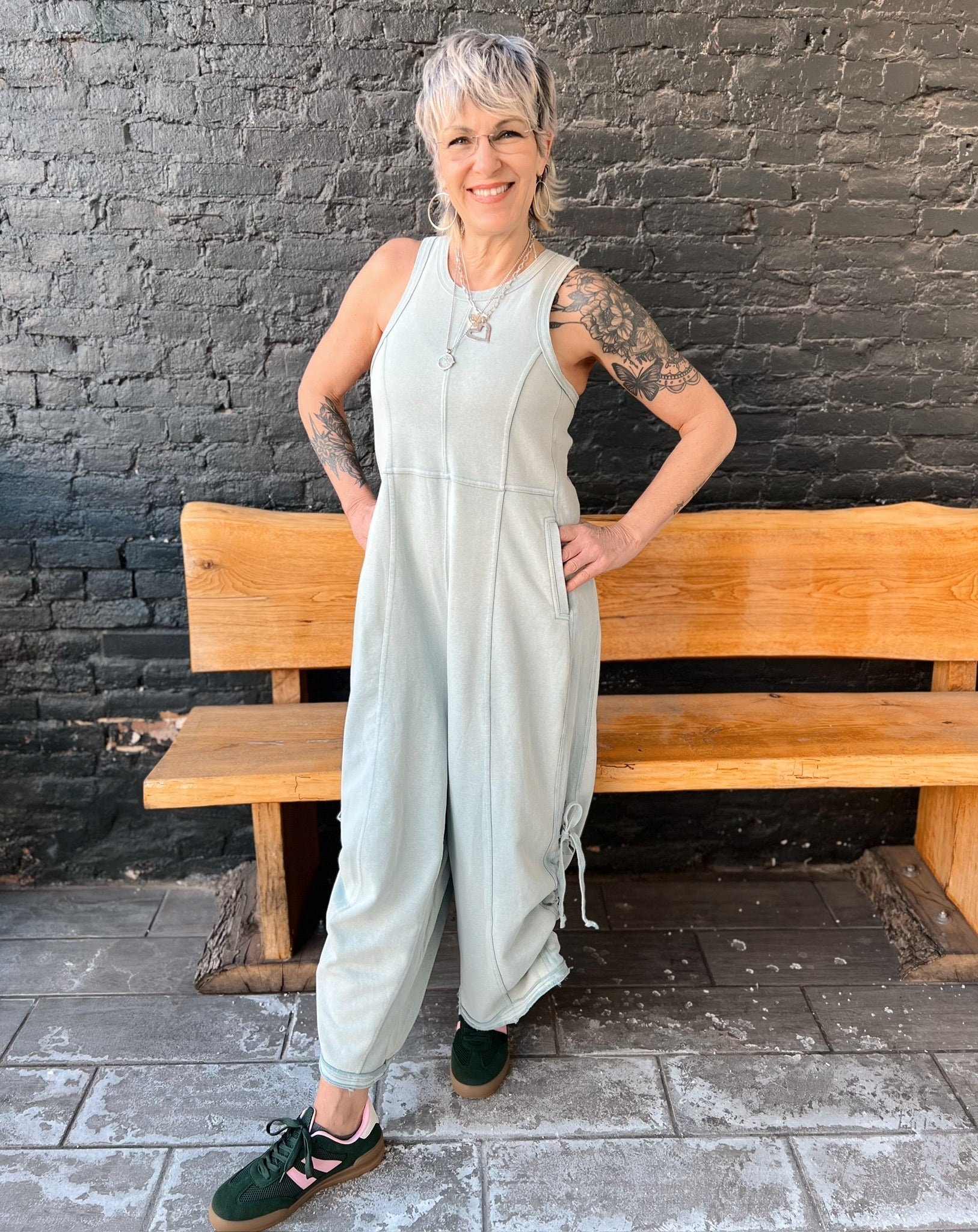 Blue Mineral Wash Cinched Leg Jumpsuit