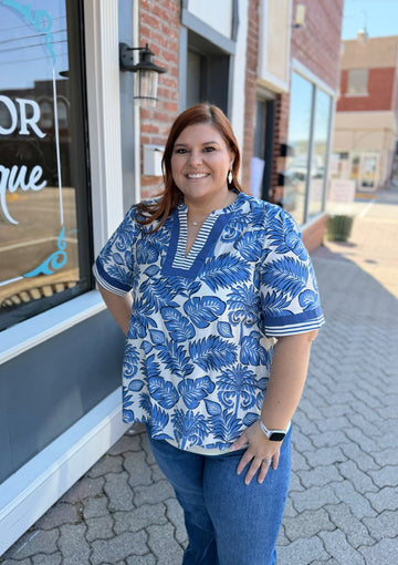 Curvy Blue Printed V-neck Top