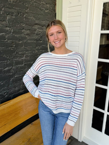 Multi Color Stripe Crochet Long Sleeve Top