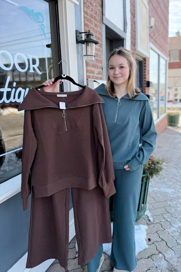 Ribbed Half Zip Pullover and Pant Set