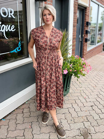 Dusty Rose Smocked Waist Zip Front Dress