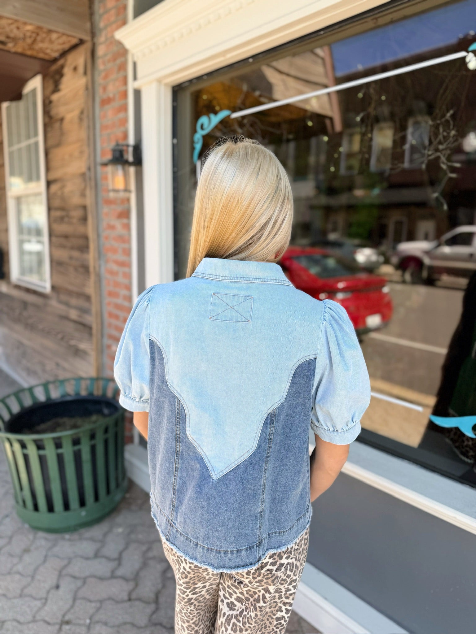 Button Down Two Tone Washed Denim Top