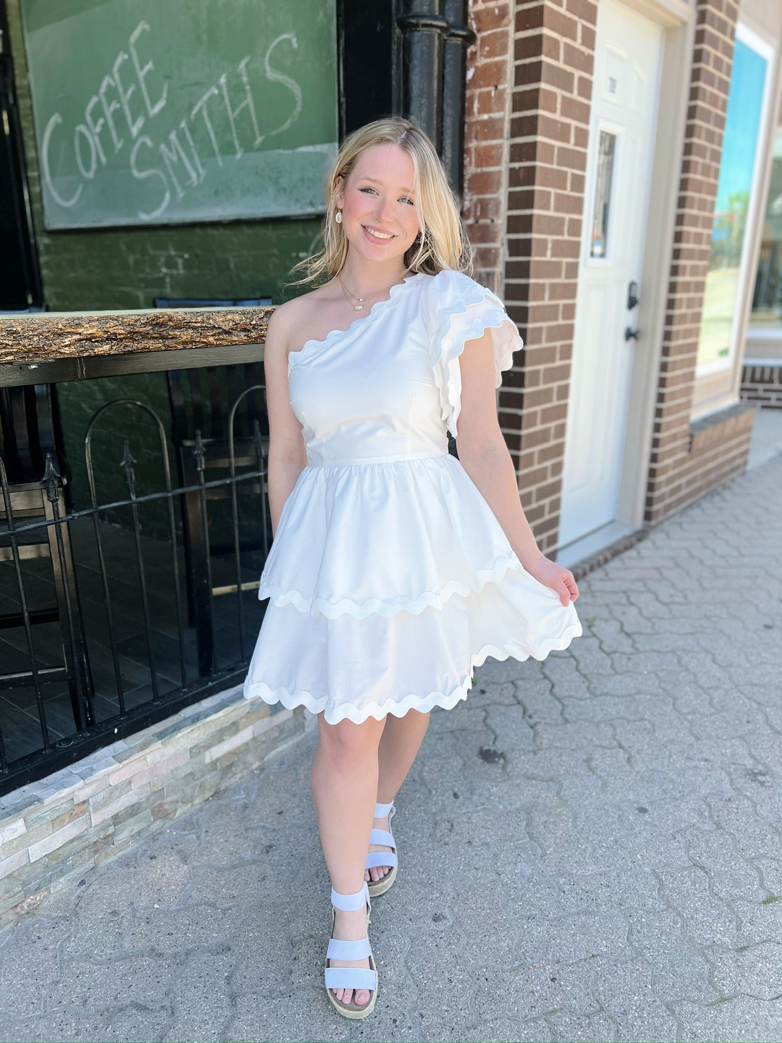 Off White Ric Rac One Shoulder Dress
