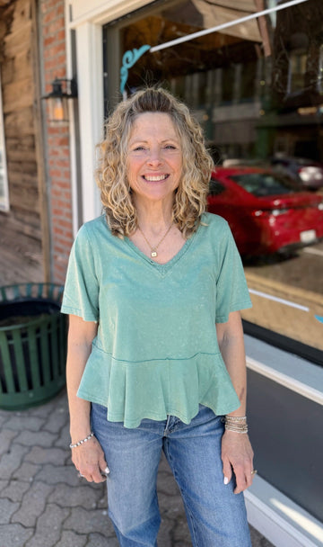 Sage Mineral Wash Lace V Neck Peplum Top