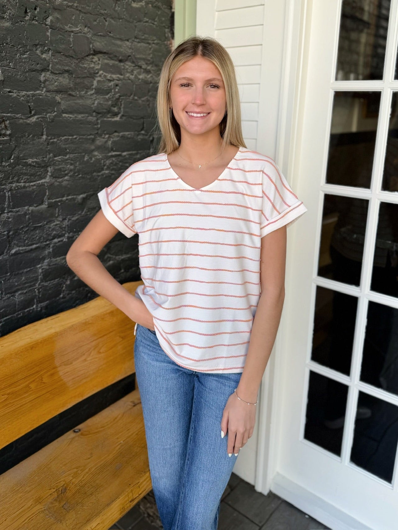V Neck Short Sleeve Textured Stripe Top