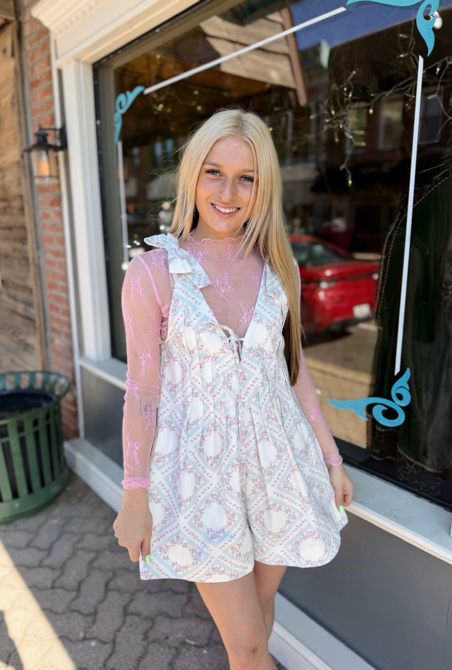 Ditsy Floral Romper with Bows on Shoulders