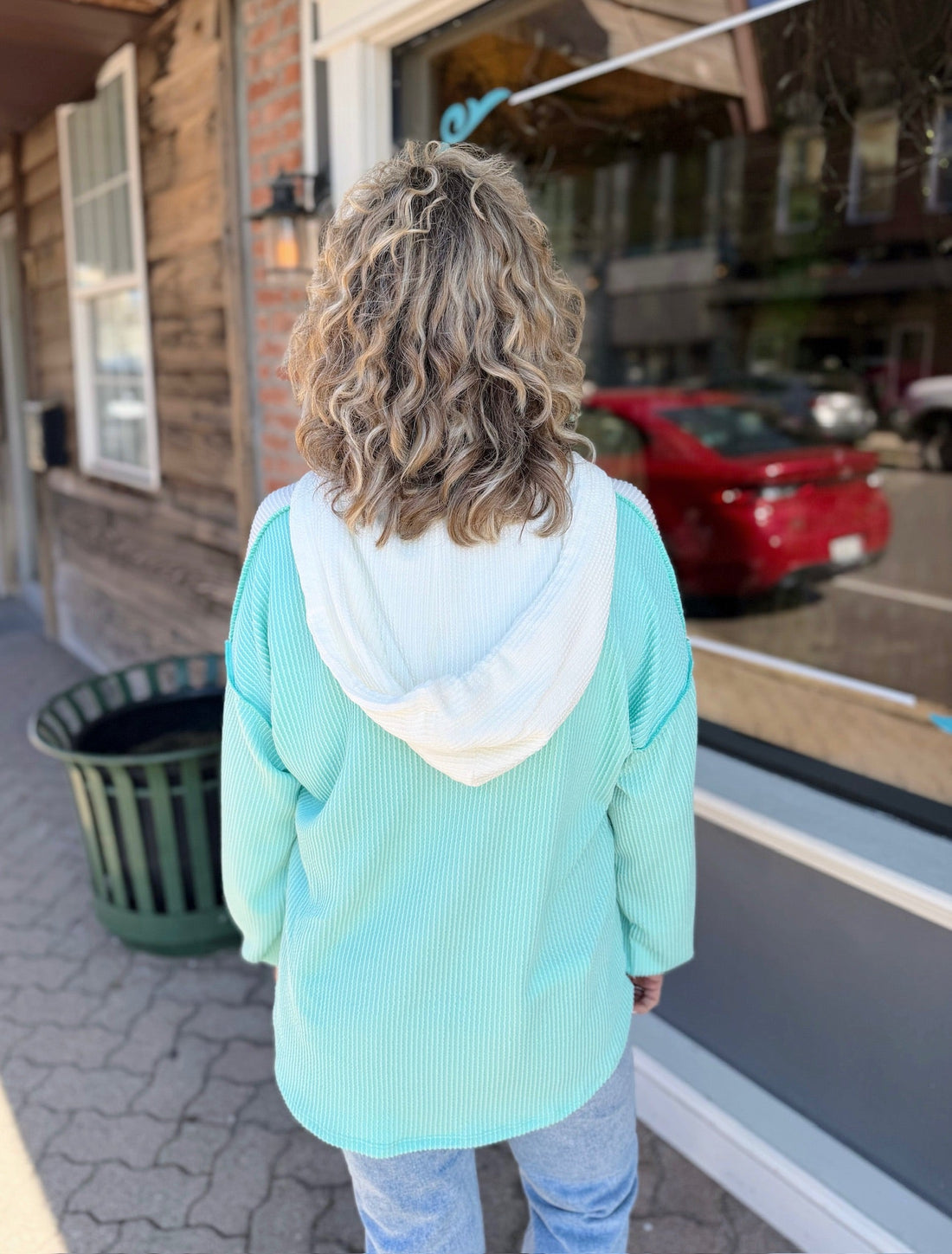 Mint and White Ribbed Hooded Henley
