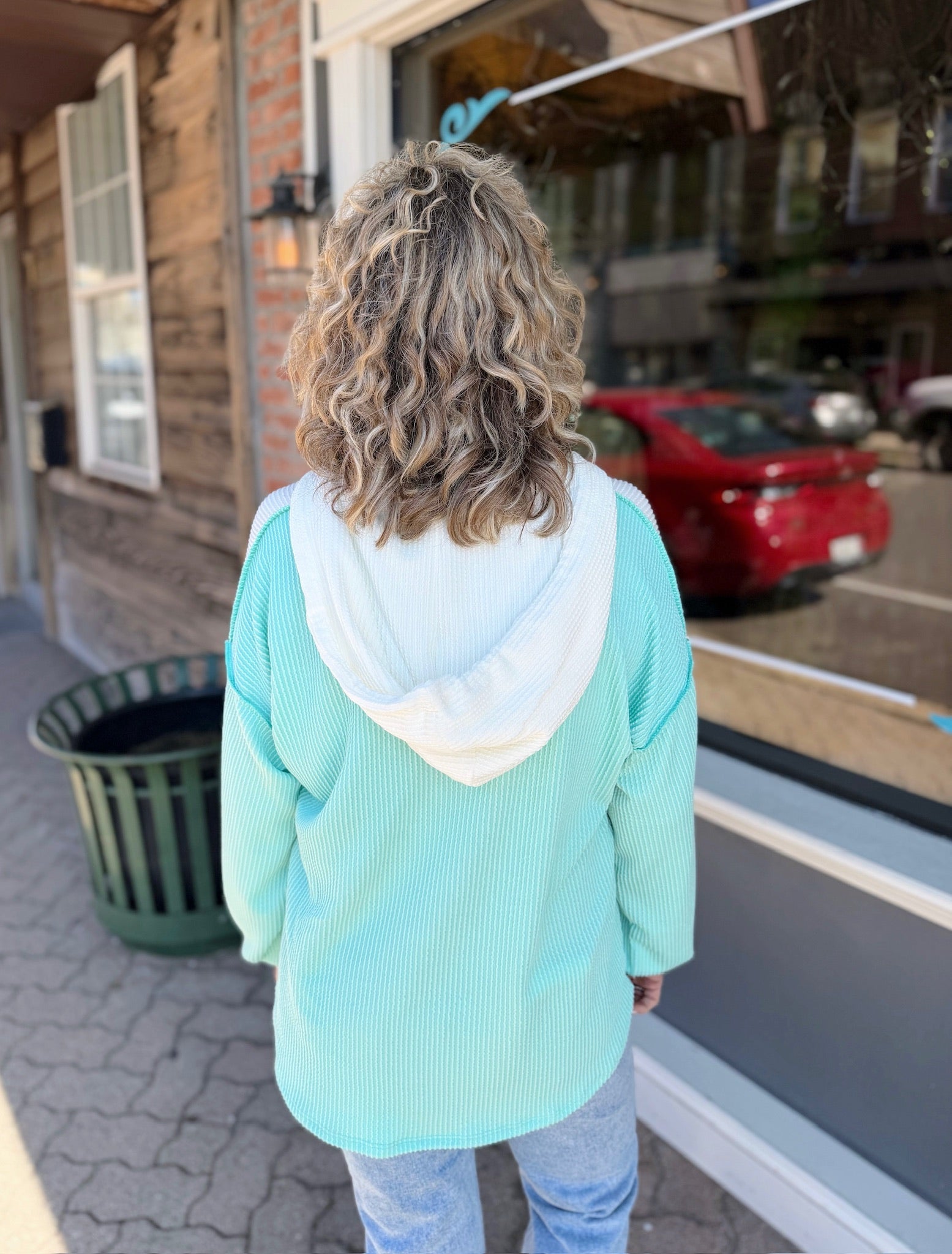 Mint and White Ribbed Hooded Henley