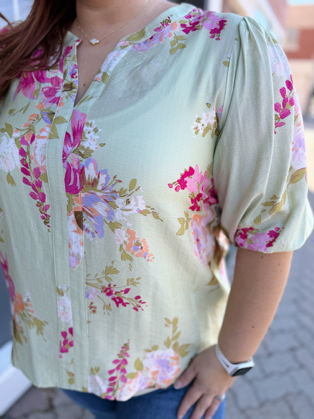 Curvy Mint Floral V-Neck Top