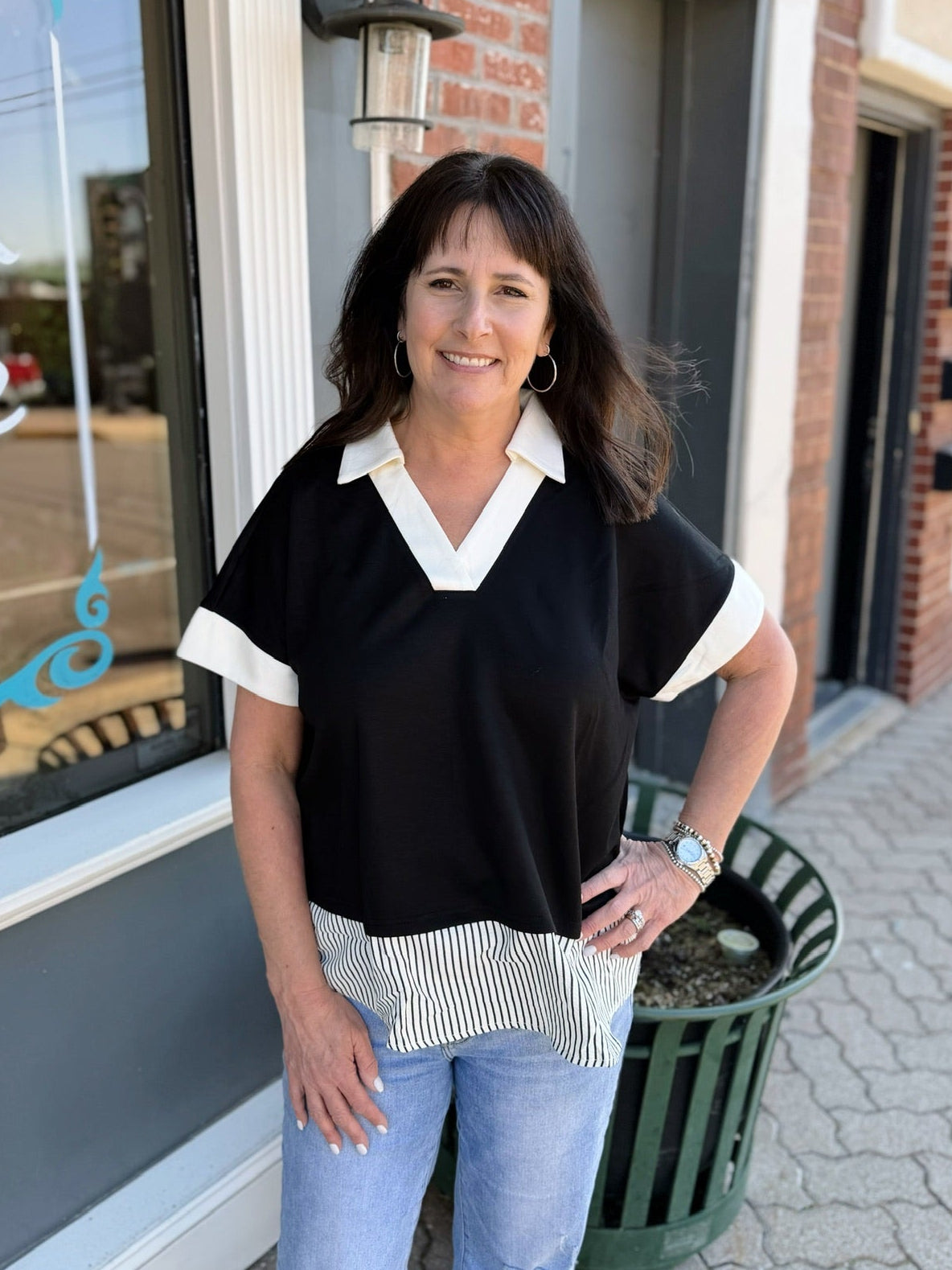 Black Drop Shoulder Contrast Stripe Short Sleeve Top
