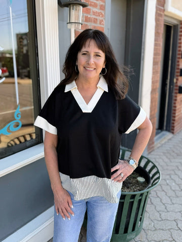 Black Drop Shoulder Contrast Stripe Short Sleeve Top