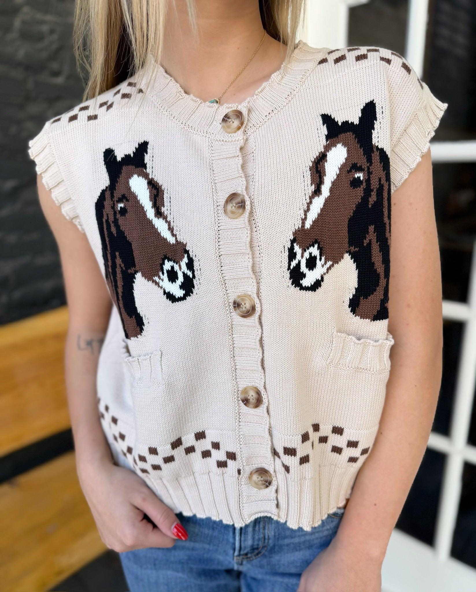 Brown Horse Button Up Knit Vest